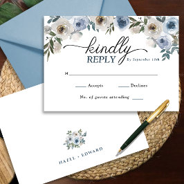 Elegant Dusty Blue Floral Wedding RSVP Card