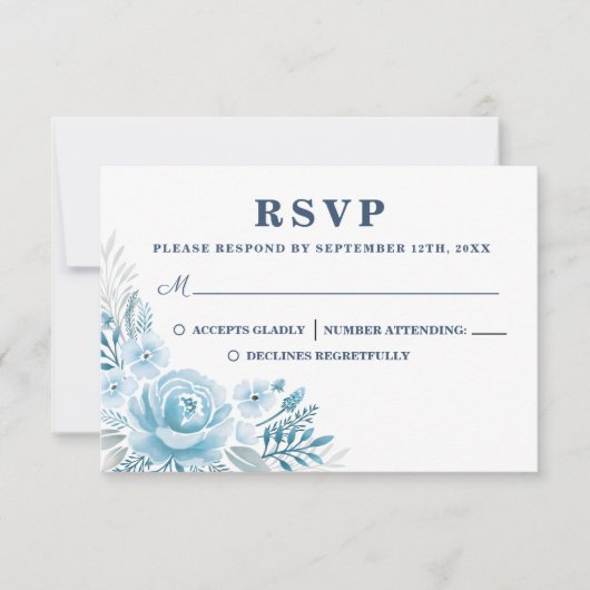 Elegant Dusty Blue Floral Wedding RSVP Card (Vorderseite)