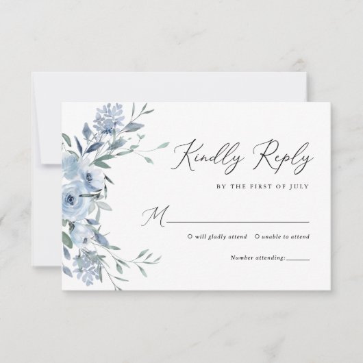 Elegant Dusty Blue Floral Wedding RSVP Karte (Vorderseite)