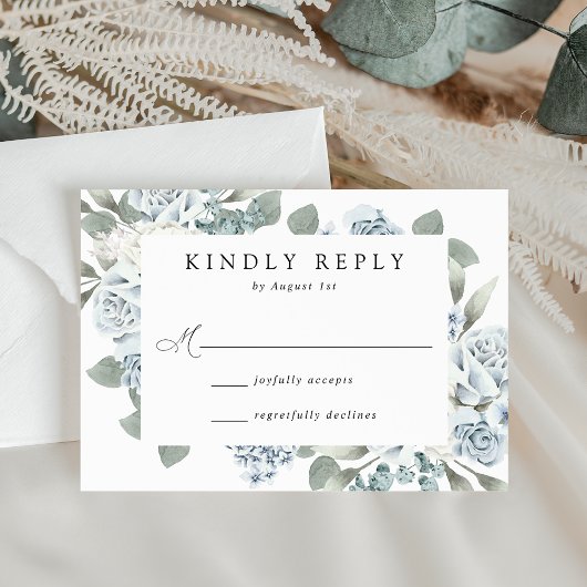 Elegant Dusty Blue Floral Wedding RSVP Karte