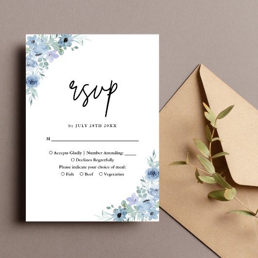 Elegant Dusty Blue Floral Wedding RSVP Karte