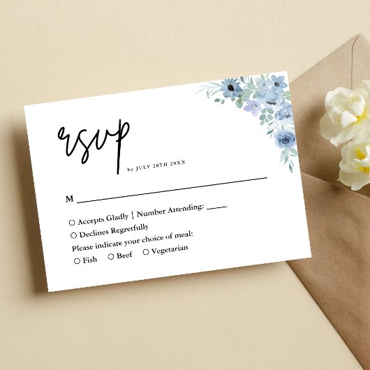 Elegant Dusty Blue Floral Wedding RSVP Karte