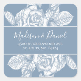 Elegant Dusty Blue Floral Wedding Rücksendeadresse Quadratischer Aufkleber