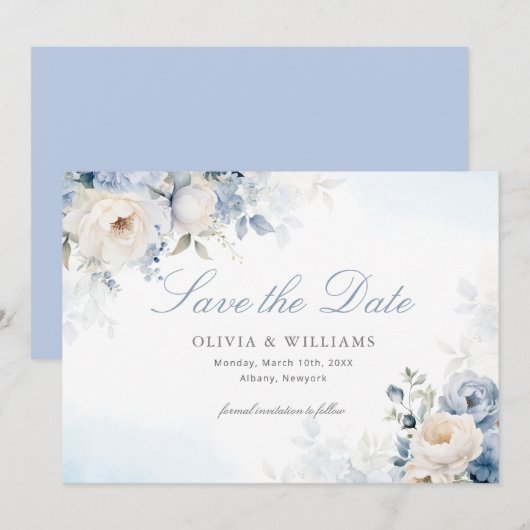 Elegant Dusty Blue Floral Wedding Save The Date (Vorne/Hinten)