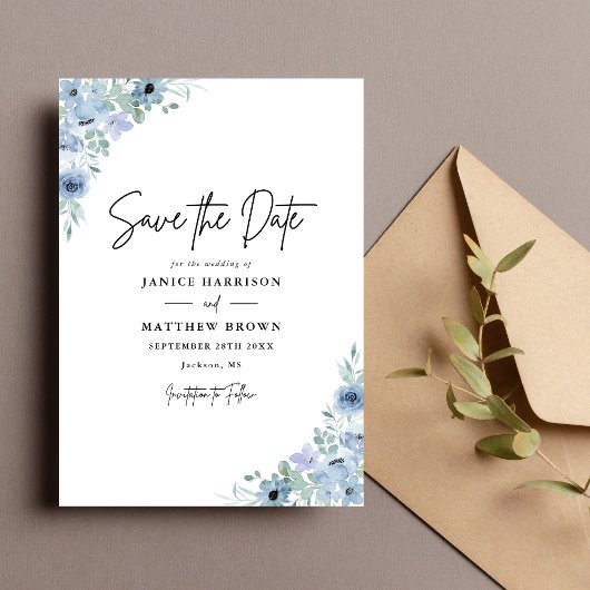 Elegant Dusty Blue Floral Wedding Save The Date