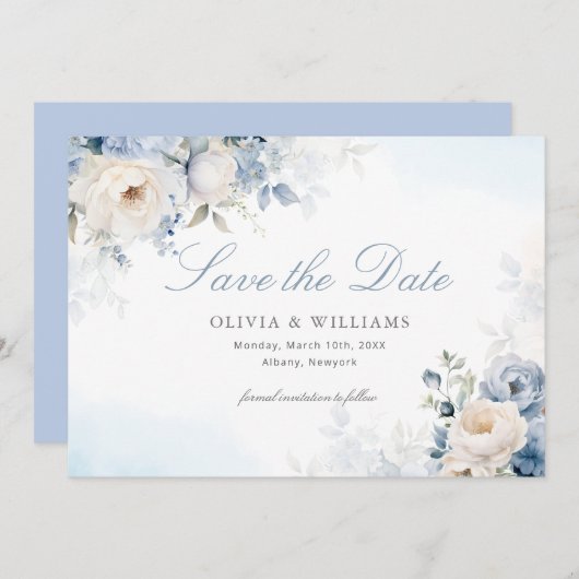 Elegant Dusty Blue Floral Wedding Save The Date (Vorne/Hinten)