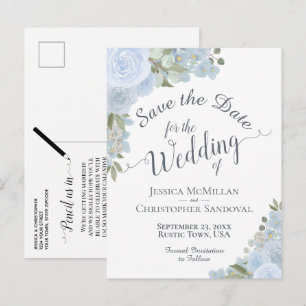 Elegant Dusty Blue Floral Wedding Save the Date Ankündigungspostkarte