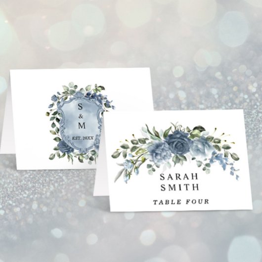 Elegant Dusty Blue Floral Wedding Table Place Card Tischnummer