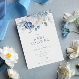 Elegant Dusty Blue Floral Winter Baby Shower Einladung