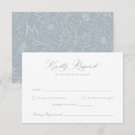 Elegant Dusty Blue Floral Wreath Wedding RSVP Card Einladung (Vorne/Hinten)