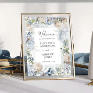 Elegant Dusty Blue Flowers Garden Wedding Willkomm Poster