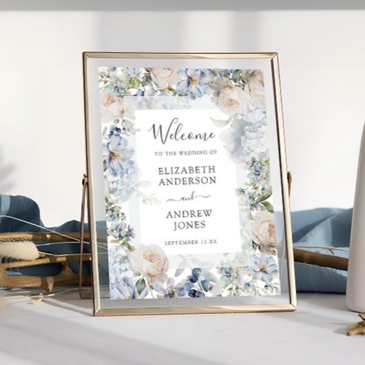 Elegant Dusty Blue Flowers Garden Wedding Willkomm Poster