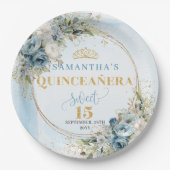 Elegant Dusty Blue Flowers Gold Name Quince Plates Pappteller (Vorderseite)