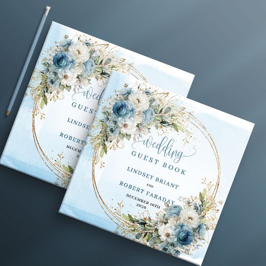 Elegant Dusty Blue Flowers Gold Wedding Guest Book Gästebuch