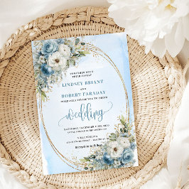 Elegant Dusty Blue Flowers Gold Wedding Invite Einladung