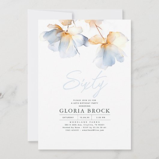 Elegant Dusty Blue Flowers Minimalistisch Geburtst Einladung (Vorderseite)