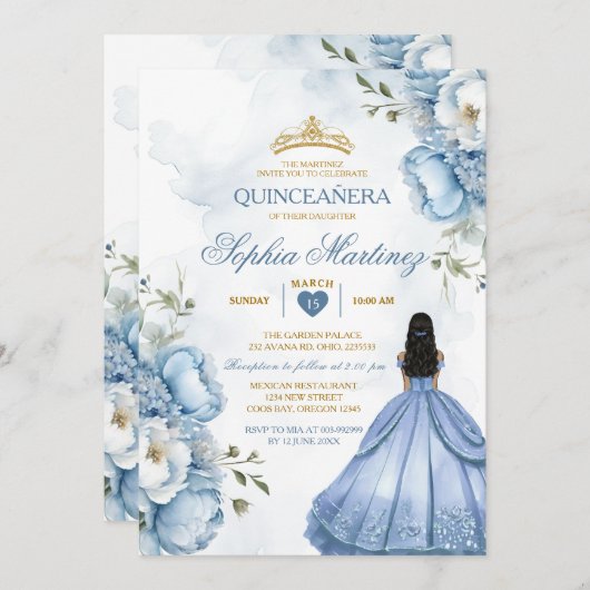 Elegant Dusty Blue Flowers Princess Quinceañera Einladung (Vorne/Hinten)