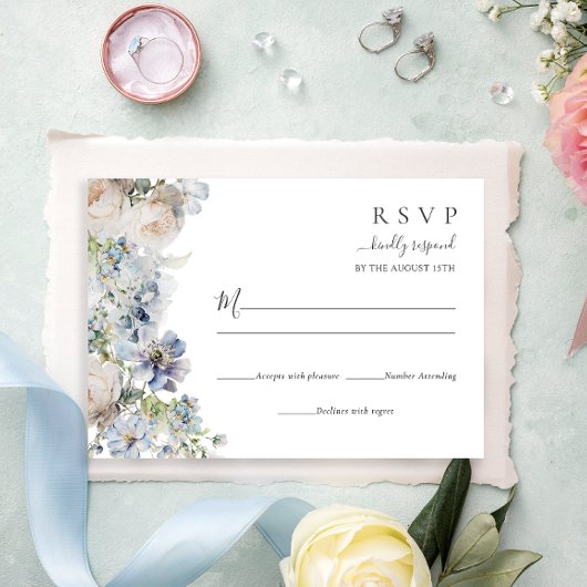 Elegant Dusty Blue Flowers Wedding RSVP Karte