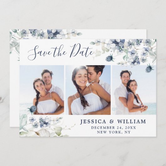 Elegant Dusty Blue Foliage Wedding 3 FOTO Save The Date (Vorne/Hinten)