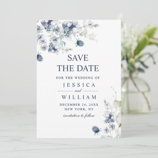 Elegant Dusty Blue Foliage Wedding Save the Date (Stehend Vorderseite)