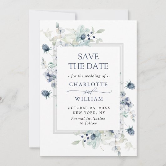 Elegant Dusty Blue Foliage Wedding Save the Date (Vorderseite)