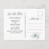 Elegant Dusty Blue Foliage Wedding Save the Date Ankündigungspostkarte (Rückseite)
