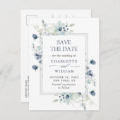 Elegant Dusty Blue Foliage Wedding Save the Date Ankündigungspostkarte (Vorne/Hinten)