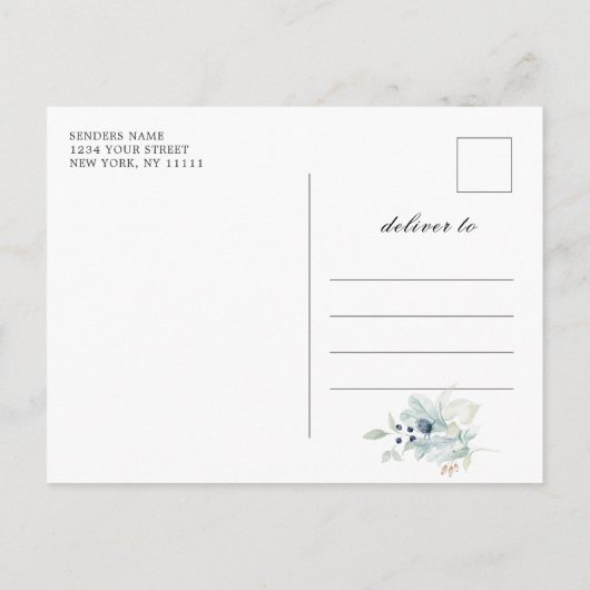 Elegant Dusty Blue Foliage Wedding Save the Date Ankündigungspostkarte (Rückseite)