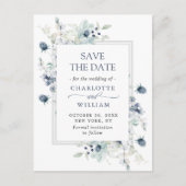 Elegant Dusty Blue Foliage Wedding Save the Date Ankündigungspostkarte (Vorderseite)
