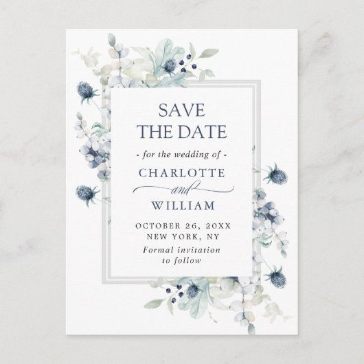 Elegant Dusty Blue Foliage Wedding Save the Date Ankündigungspostkarte (Vorderseite)