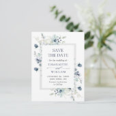 Elegant Dusty Blue Foliage Wedding Save the Date Ankündigungspostkarte (Stehend Vorderseite)