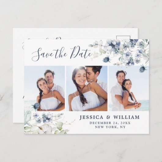Elegant Dusty Blue Foliage Wedding Save the Date Ankündigungspostkarte (Vorne/Hinten)