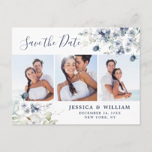 Elegant Dusty Blue Foliage Wedding Save the Date Ankündigungspostkarte (Vorderseite)
