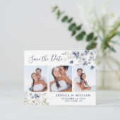 Elegant Dusty Blue Foliage Wedding Save the Date Ankündigungspostkarte (Stehend Vorderseite)