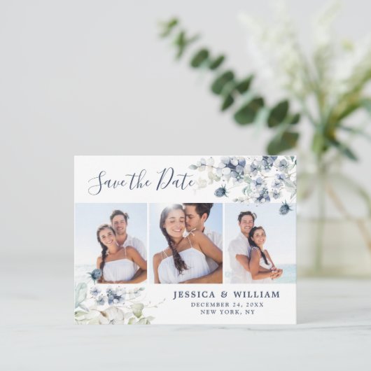 Elegant Dusty Blue Foliage Wedding Save the Date Ankündigungspostkarte (Stehend Vorderseite)