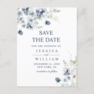 Elegant Dusty Blue Foliage Wedding Save the Date Postkarte