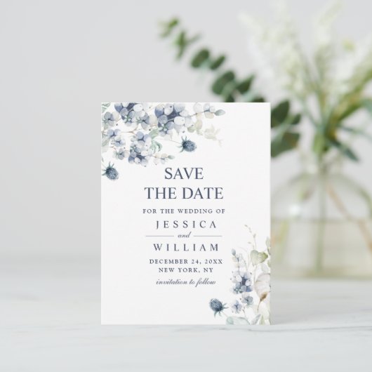 Elegant Dusty Blue Foliage Wedding Save the Date Postkarte (Stehend Vorderseite)