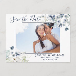 Elegant Dusty Blue Foliage Wedding Save the Date Postkarte