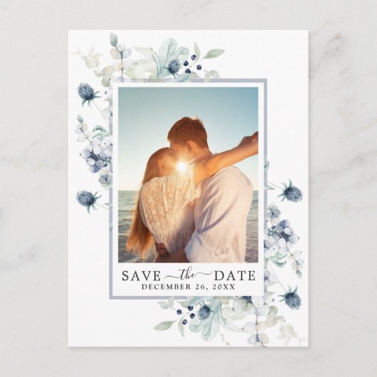 Elegant Dusty Blue Foliage Wedding Save the Date Postkarte (Vorderseite)