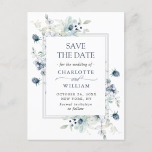 Elegant Dusty Blue Foliage Wedding Save the Date Postkarte