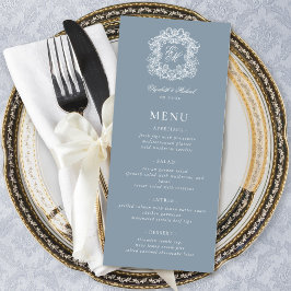 Elegant Dusty Blue Formal Monogram Crest Wedding Menükarte