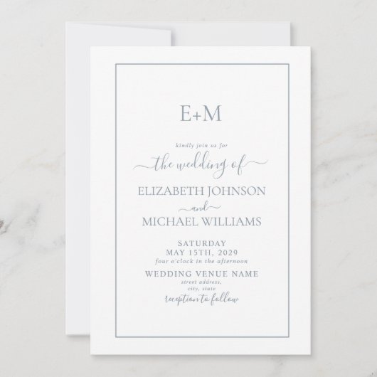Elegant Dusty Blue Formal Monogram Foto Wedding Einladung (Vorderseite)