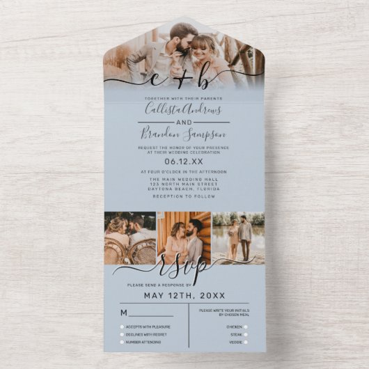 Elegant Dusty Blue Foto Monogram Wedding RSVP All In One Einladung (Innen Boden)