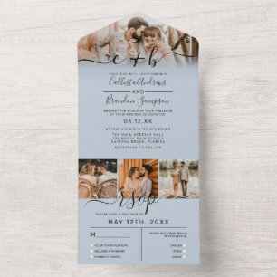 Elegant Dusty Blue Foto Monogram Wedding RSVP All In One Einladung