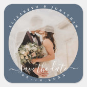 Elegant Dusty Blue Foto Wedding Save the Date Quadratischer Aufkleber (Vorderseite)