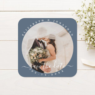 Elegant Dusty Blue Foto Wedding Save the Date Quadratischer Aufkleber