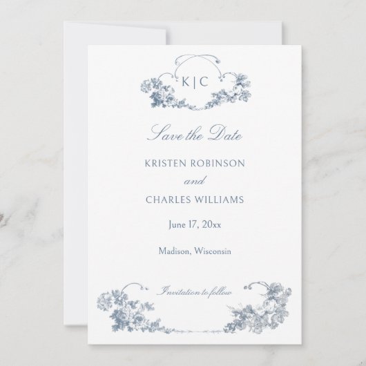 Elegant Dusty Blue French Floral Save the Date (Vorderseite)