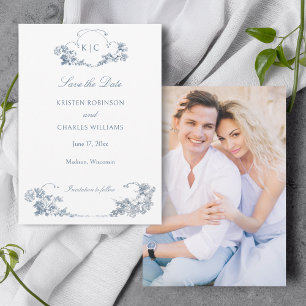 Elegant Dusty Blue French Floral Save the Date