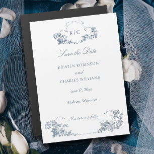 Elegant Dusty Blue French Floral Save the Date Magneteinladung