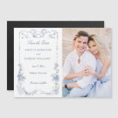Elegant Dusty Blue French Floral Save the Date Magneteinladung (Vorne/Hinten)